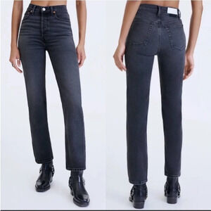Re/Done Originals High Rise Slim Black Button Fly Distressed Denim Jeans Size 25